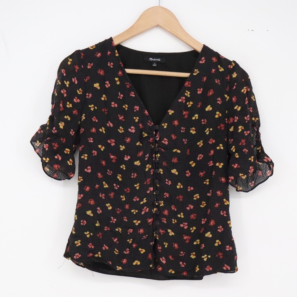Madewell Blouse Womens 2 Silk Floral Black V-Neck Ruched Short Sleeve Excellent